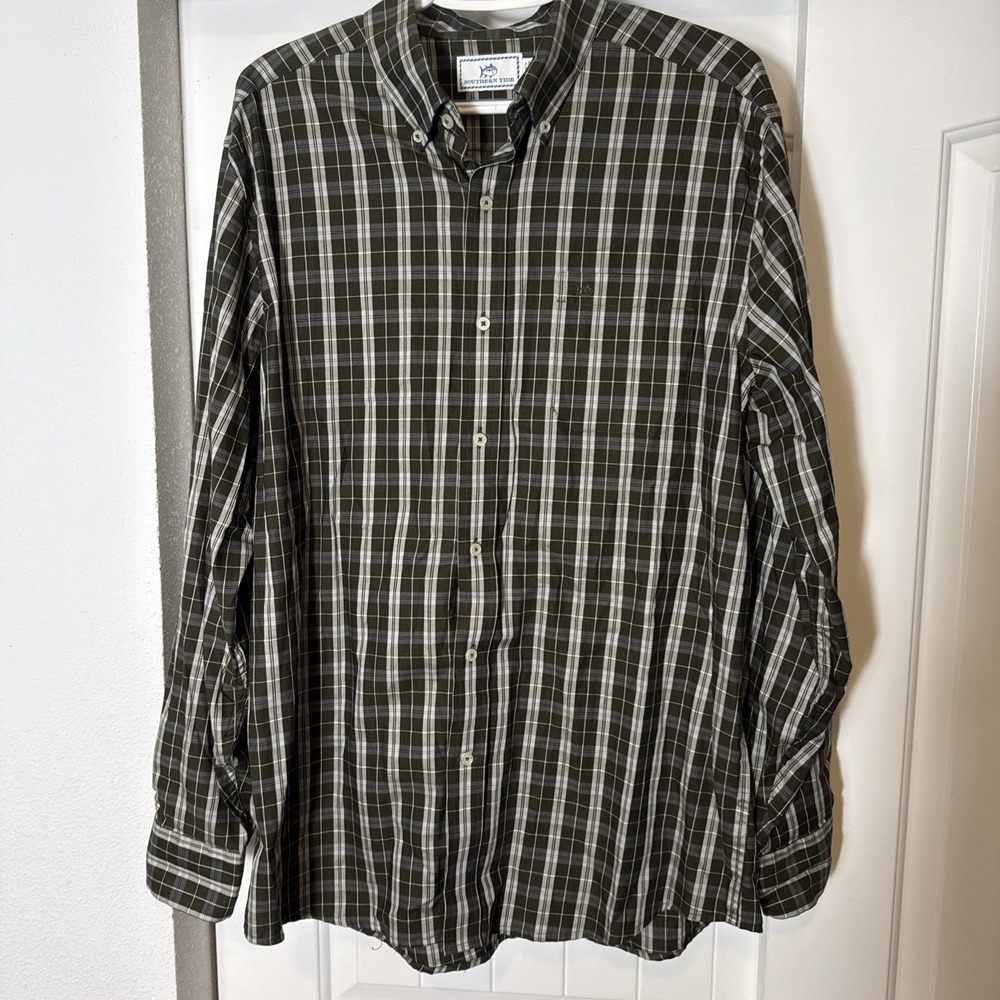 Southern Tide Men's Large Long Sleeve Button Up Shirt Check, Plaid Green